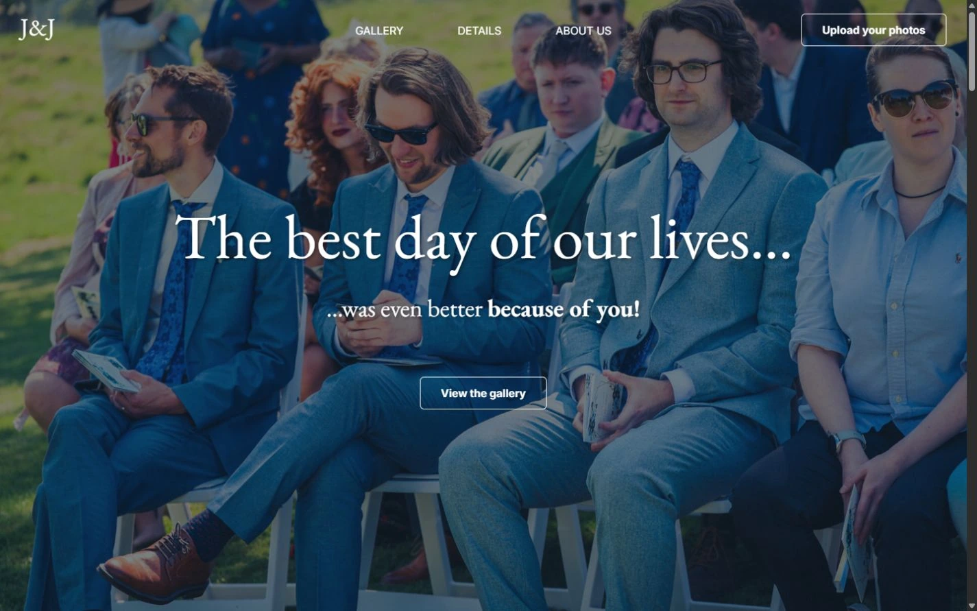 Julia and James wedding homepage with a group photograph, personal introduction and link to the gallery
