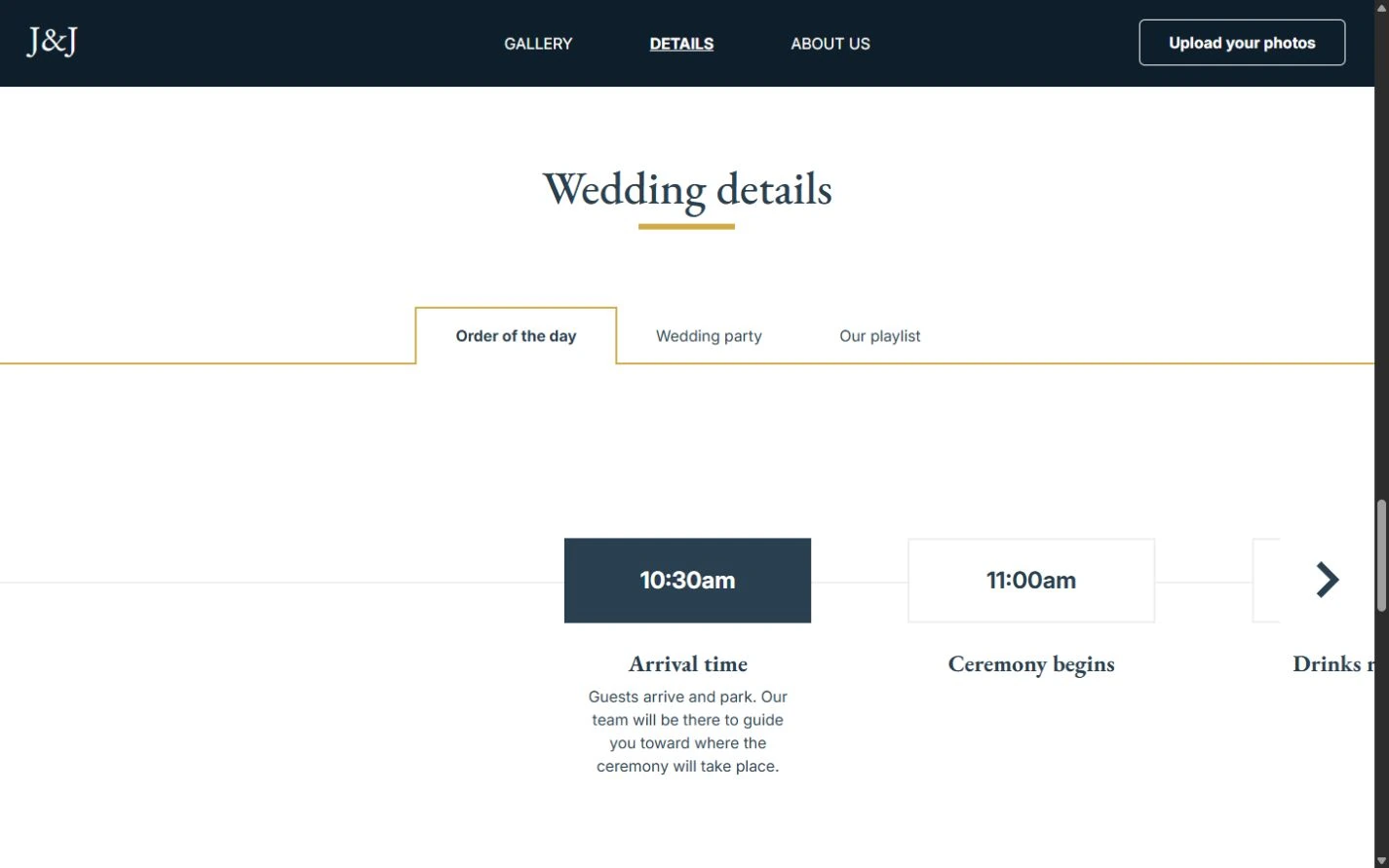 Julia and James live wedding photo gallery with category navigation and a grid of photographs