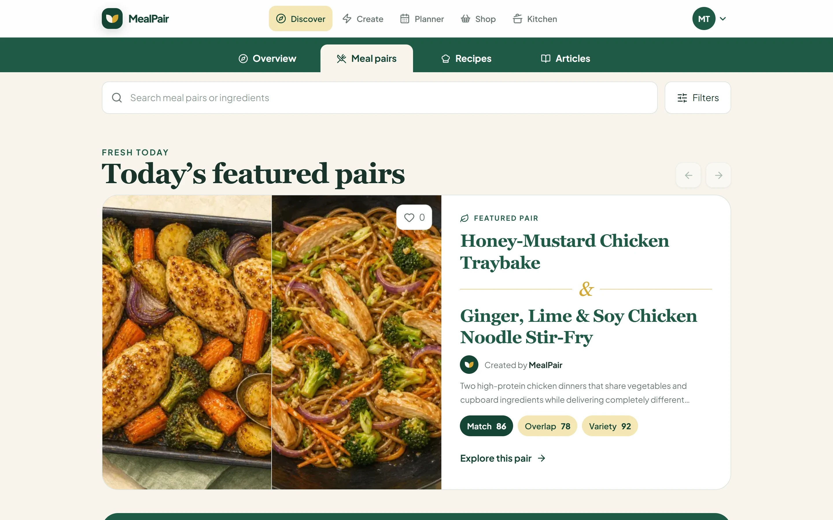 MealPair discovery showing recipe pairs with food photography and browsing controls