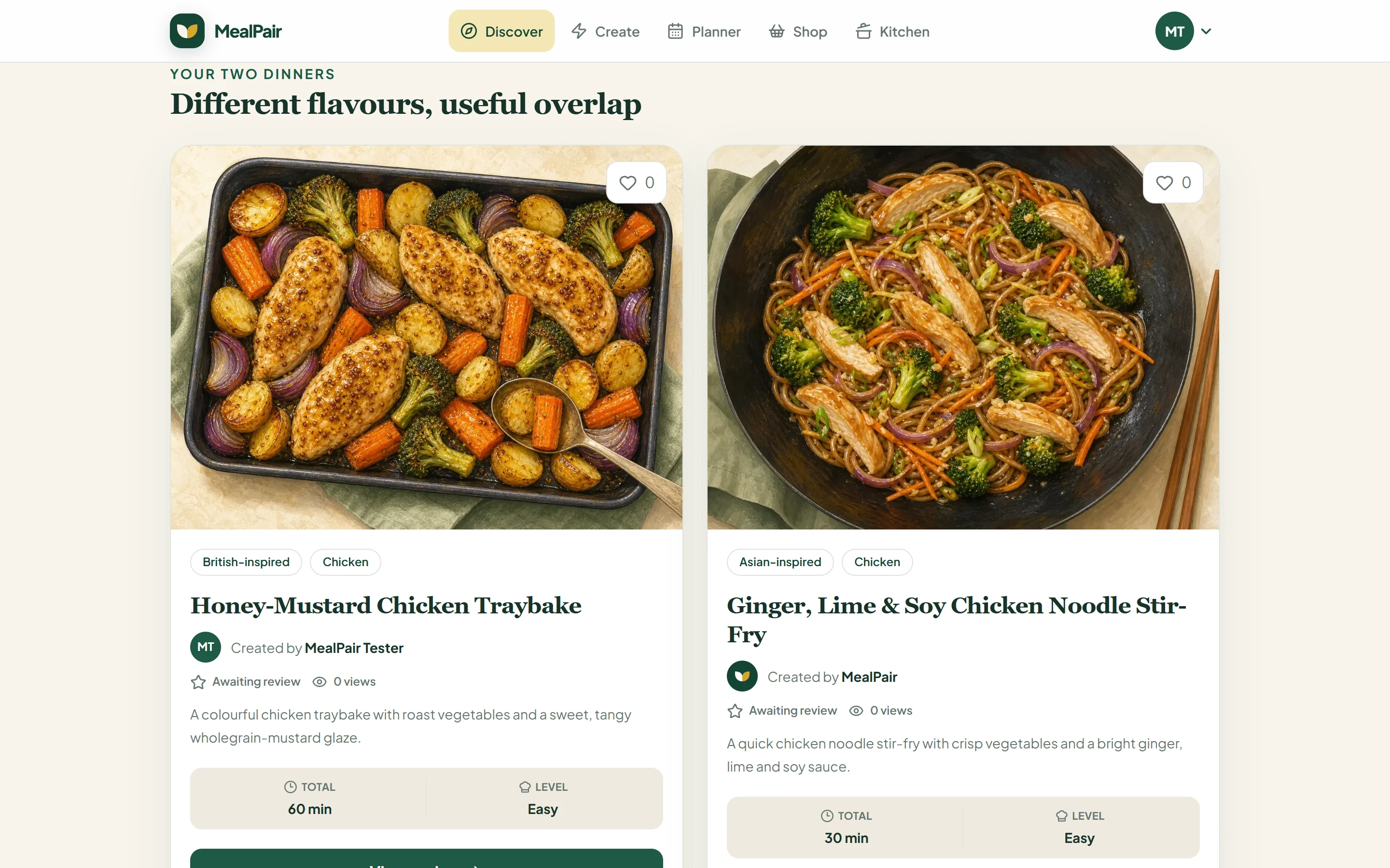 MealPair detail page connecting two complementary chicken recipes