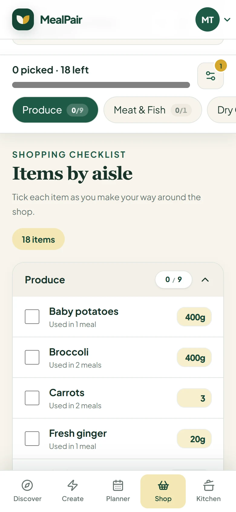MealPair shopping list with grouped ingredients and checklist controls