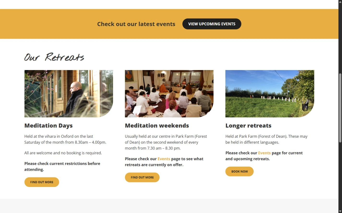 Oxford Buddha Vihara activities page showing three retreat cards and a link to upcoming events