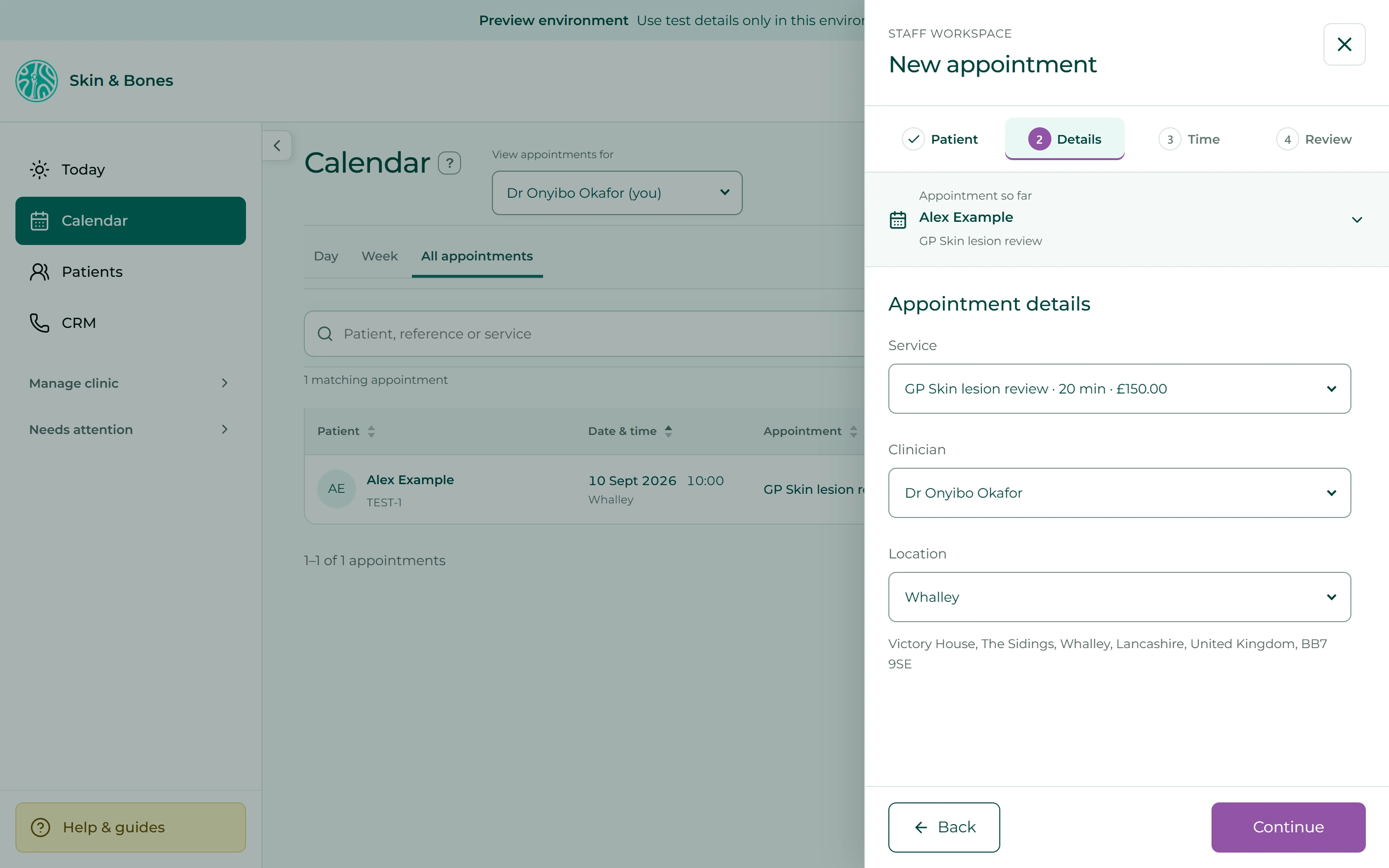Skin & Bones staff booking interface populated with demonstration details
