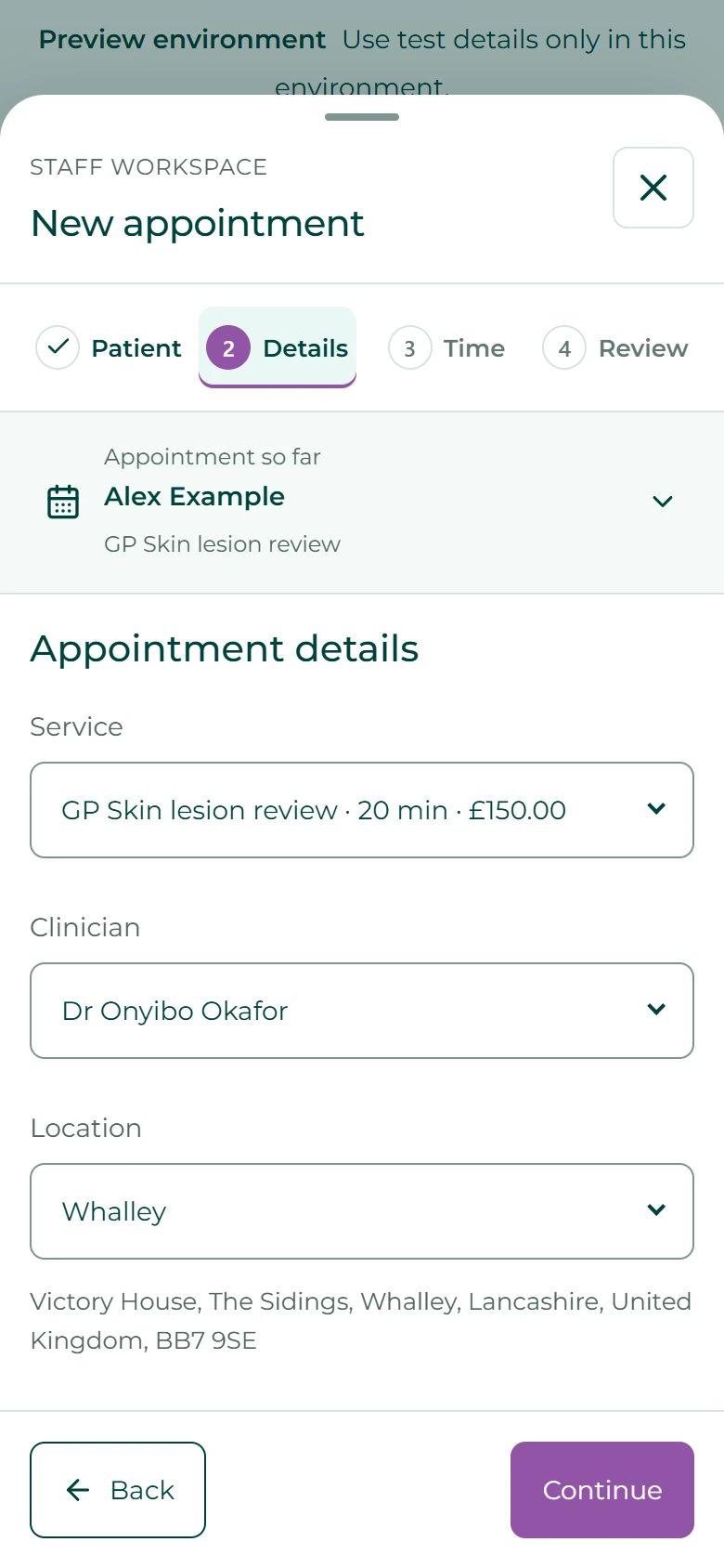 Skin & Bones appointment booking interface on a mobile screen