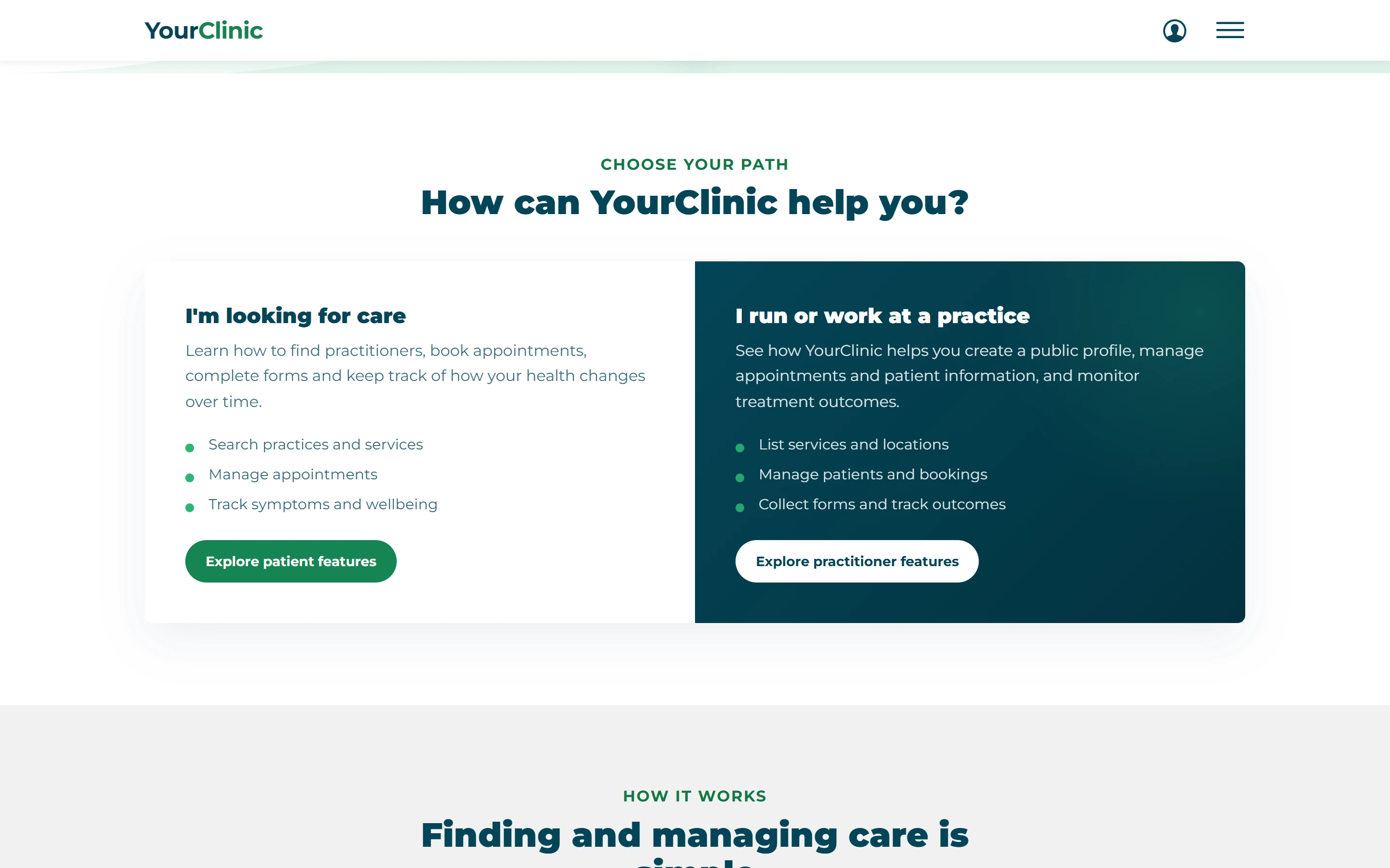 YourClinic homepage service information and next steps