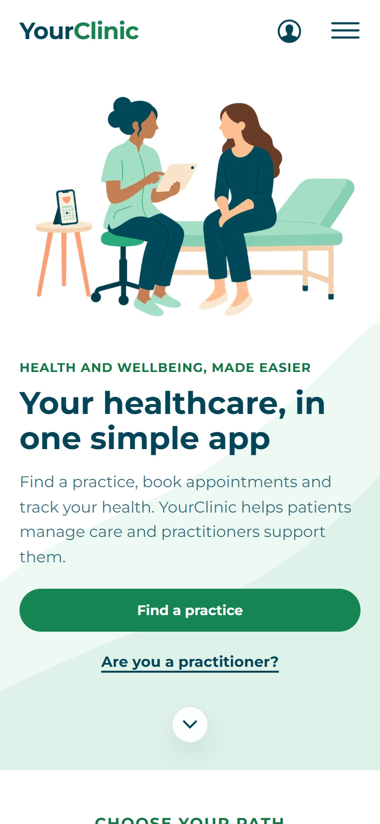 YourClinic public homepage displayed on a mobile screen